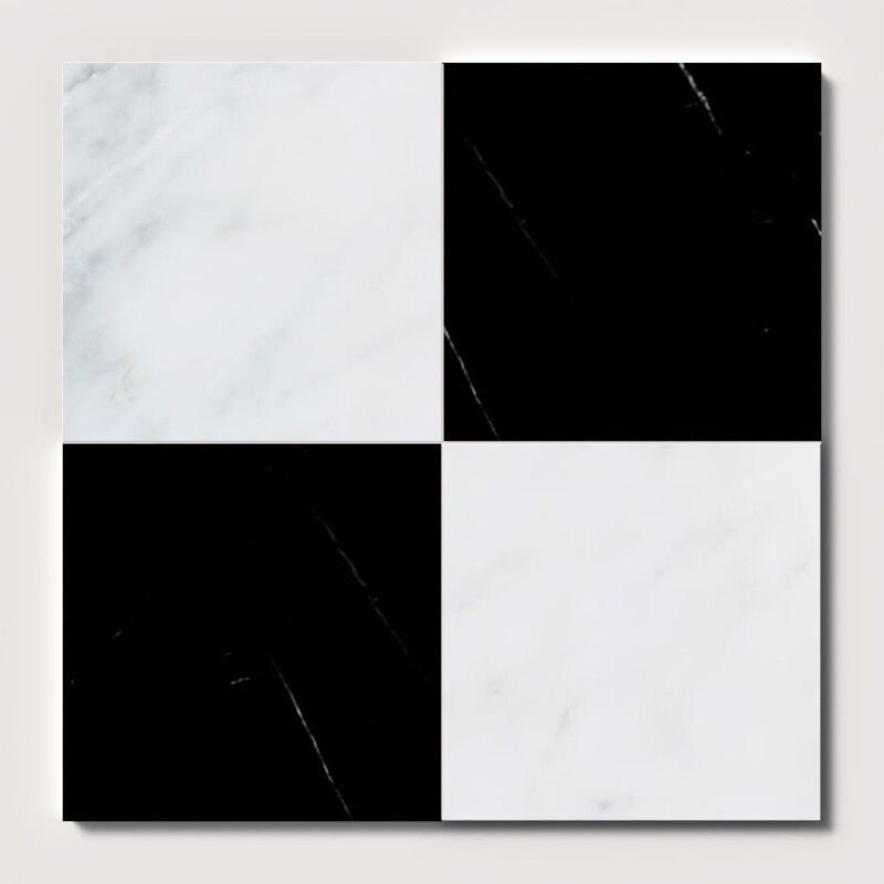 Black, Calacatta Bella Polished Checkerboard Pattern Marble Tiles 12x12