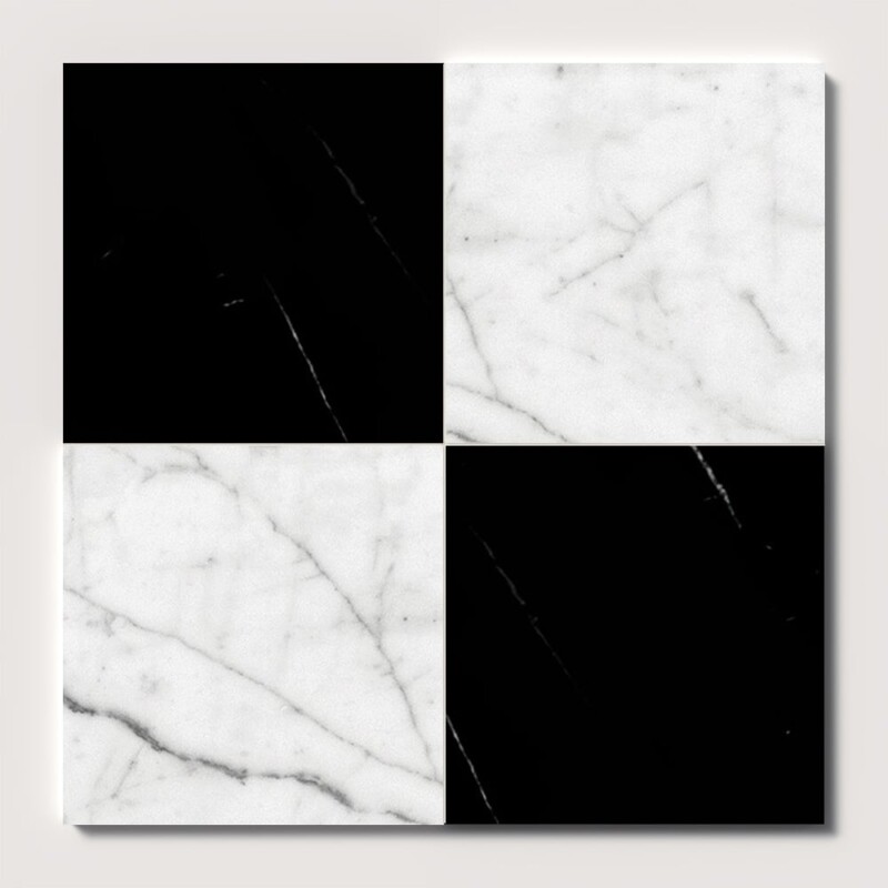 Black, White Carrara C Polished Checkerboard Pattern Marble Tiles 12x12