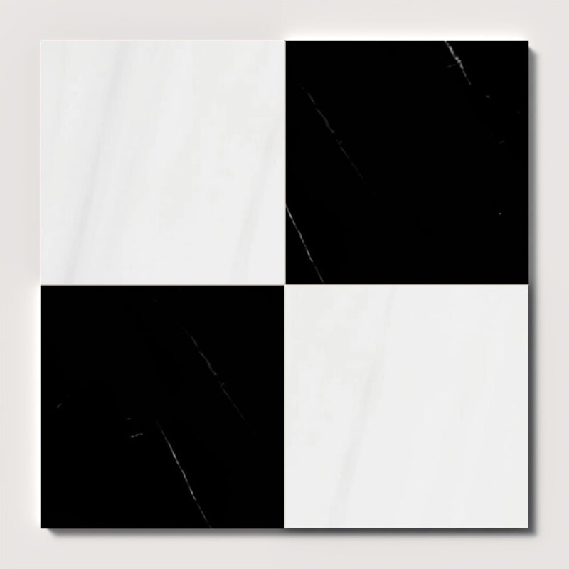 Bianco Dolomiti Classic, Black Polished Checkerboard Pattern Marble Tiles 12x12