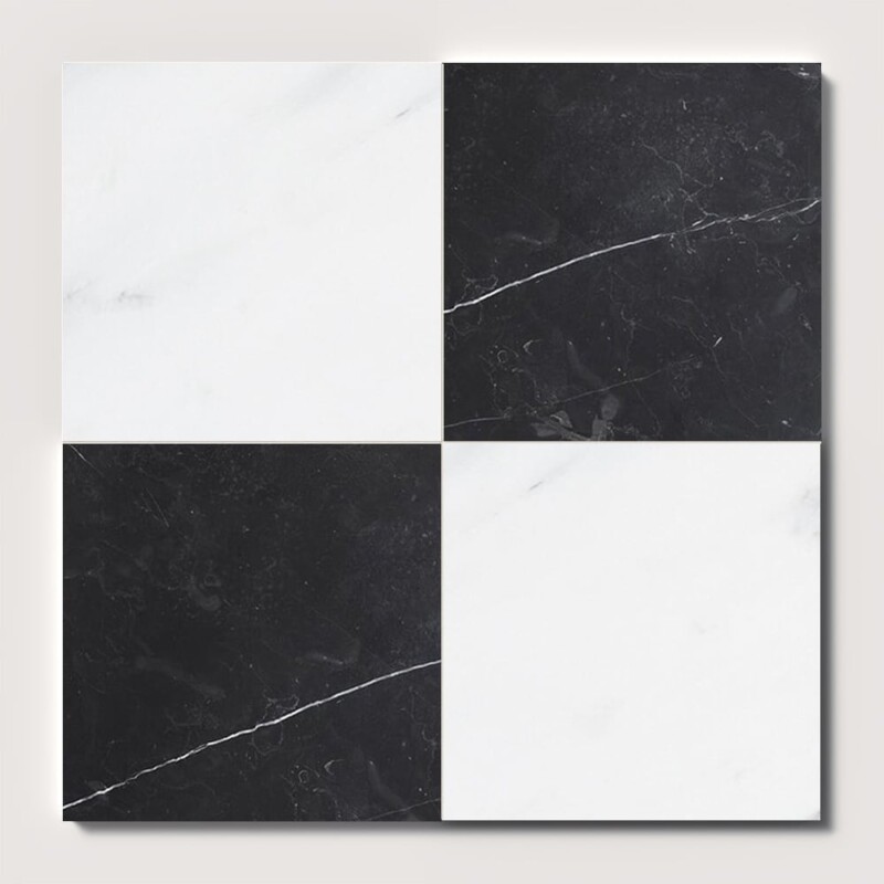 Black, Calacatta Bella Honed Checkerboard Pattern Marble Tiles 18x18