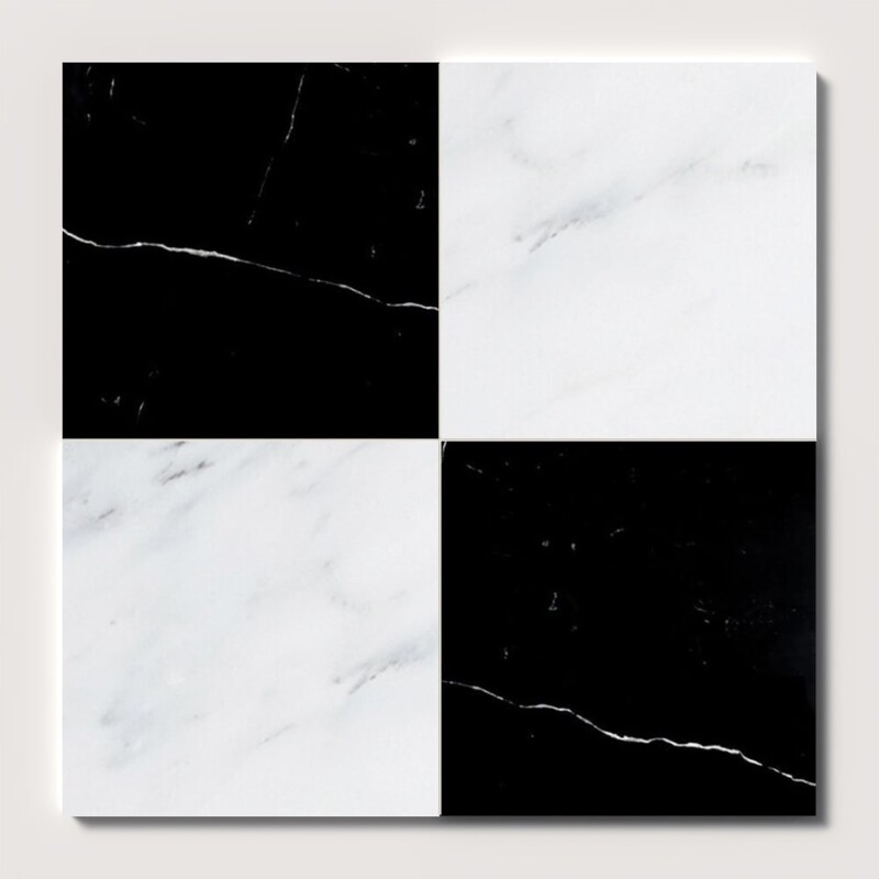 Black, Calacatta Bella Polished Checkerboard Pattern Marble Tiles 18x18