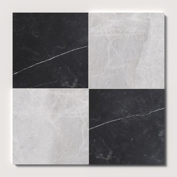 Black, Avalanche Honed Checkerboard Pattern Marble Bundle 18×18
