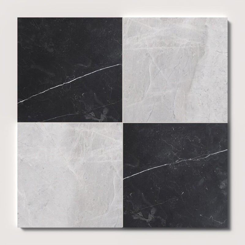 Black, Avalanche Honed Checkerboard Pattern Marble Tiles 18x18