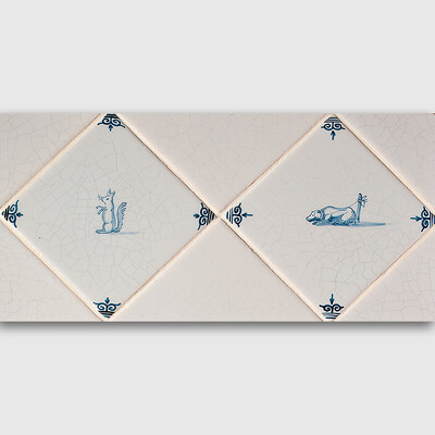 Diagonal Small Animals Blue Glazed Ceramic Tile 5x5