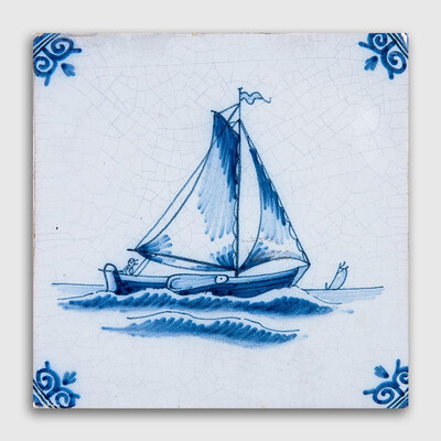 Boats Blue Glazed Ceramic Tile 5x5