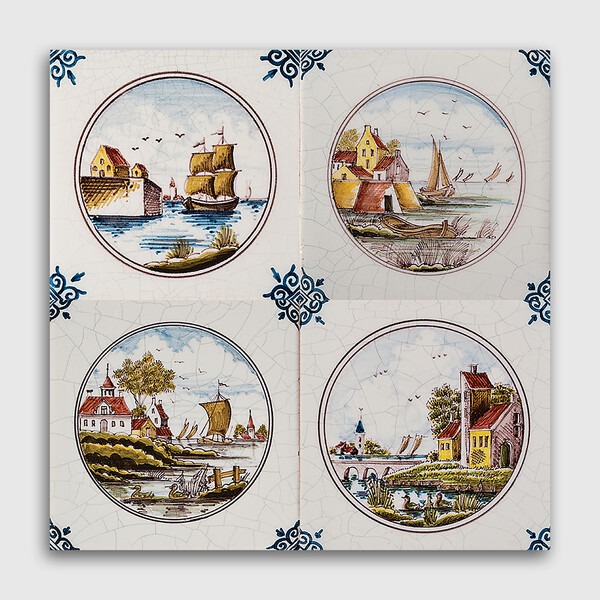 Scenes In Circle Poly On White Glazed Ceramic Tile 5×5 Image