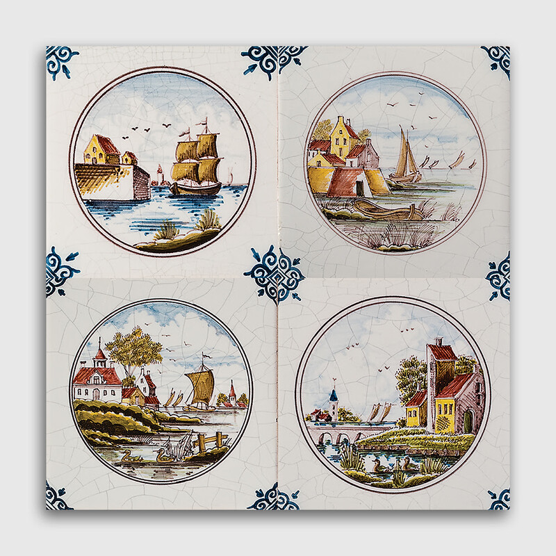 Scenes In Circle Poly On White Glazed Ceramic Tiles 5x5