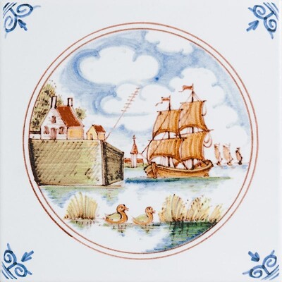 Ship Scene In Circle Glazed Ceramic Tile 6x6
