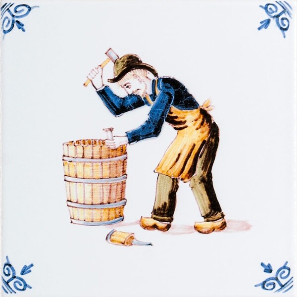 Woodwork 3 glazed Delft ceramic tile with hand painted artisan figure in traditional blue and ochre by Country Floors