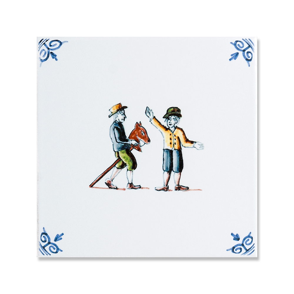 Children Playing With Wooden Horse Glazed Ceramic Tile 6x6