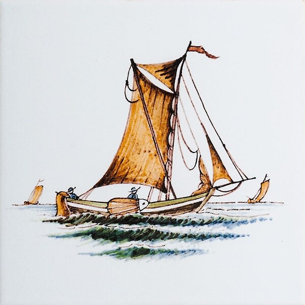 Hand-painted boat glazed delft ceramic tile for designer kitchen backsplash by Country Floors