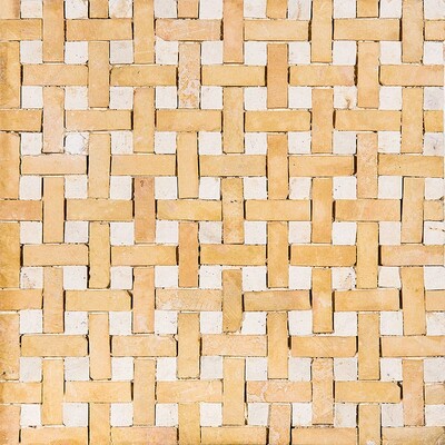 Yellow, White Honed Basket Weave Limestone Mosaic 8x8