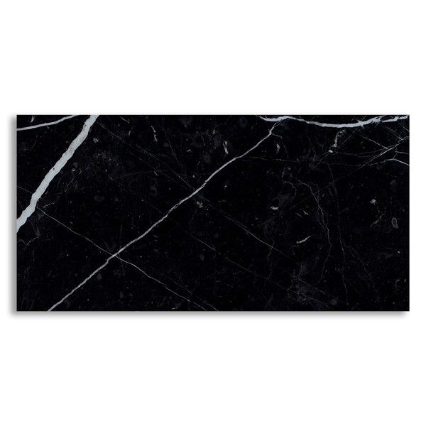 Marquina Nero polished marble look porcelain tile with bold white veining by Country Floors