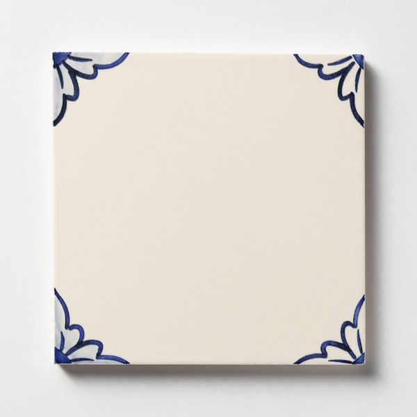 Gelosia blanc blue glazed ceramic tile subtle corner motif classic decorative design by Country Floors