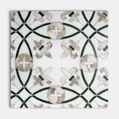 Quincy Calacatta Green, Snow White, E1620 Polished Marble Waterjet Decos 15x16 11/16