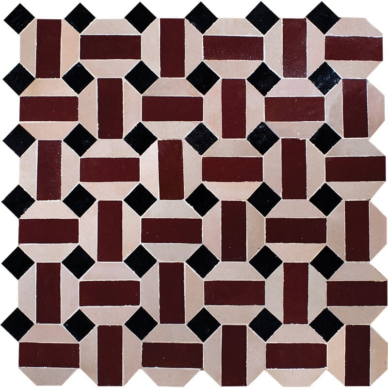 Maroon, White, Black Glossy Ahmed Zellige Mosaic 11 13/16x11 13/16