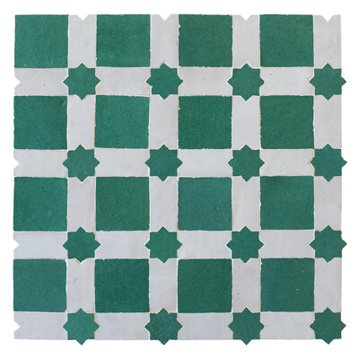 Dark Spring Green, White Glossy Malak Zellige Mosaic 11 13/16x11 13/16