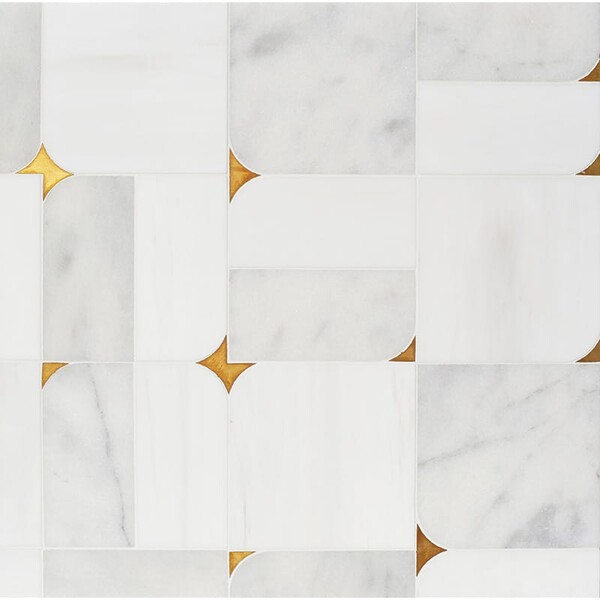 Blocks Glacier, Snow White, Brass Multi Finish Marble Waterjet Decos 16 5/8×16 5/8 Image