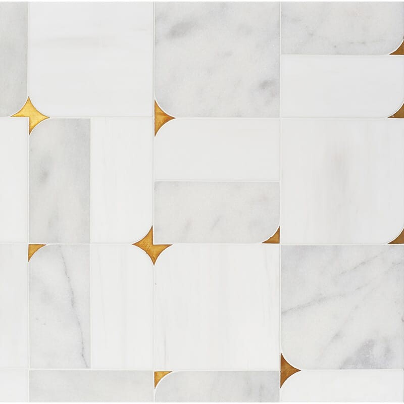 Glacier, Snow White, Brass Multi Finish Blocks Marble Mosaics 16 5/8x16 5/8