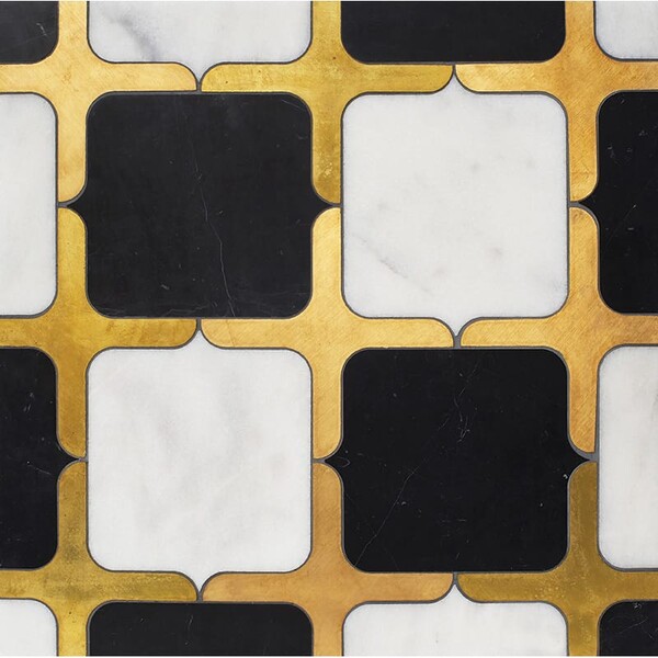 Emerson Black, Glacier, Brass Honed Marble Waterjet Decos 13 23/32×13 23/32 Image