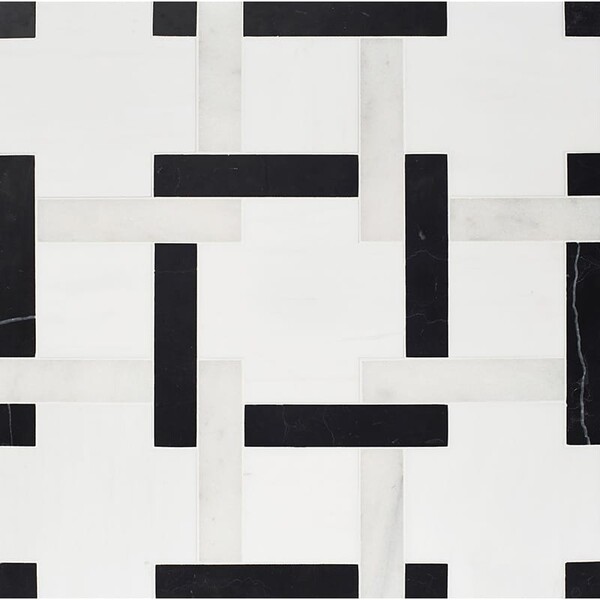 Mosaico de mármore Parker nas cores Branco Neve, Preto e Glaciar, com acabamento polido e padrão linear preto, da Country Floors.