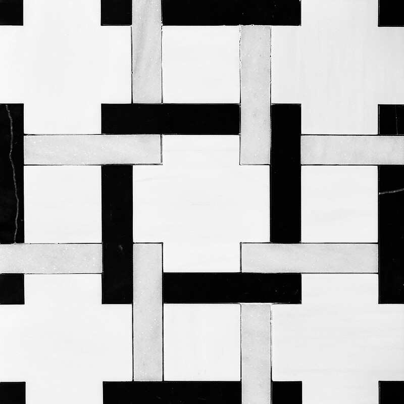 Black, Snow White Honed Parker Marble Mosaics 12x12