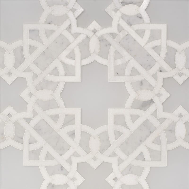 Isabella Thassos White, Pura Glass, White Carrara Multi Finish Marble Waterjet Decos 11 9/32x11 9/32