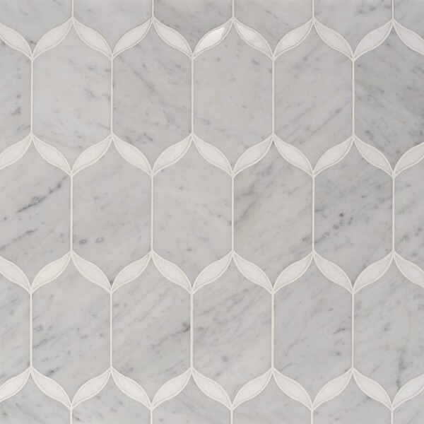 Caridad White Carrara, Thassos White Multi Finish Marble Waterjet Decos 9 23/32×13 1/4 Image