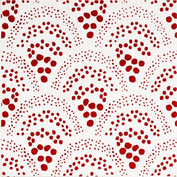 Pure White and Fire Engine matte Chou Chou ceramic tile with red scallop pattern by Country Floors