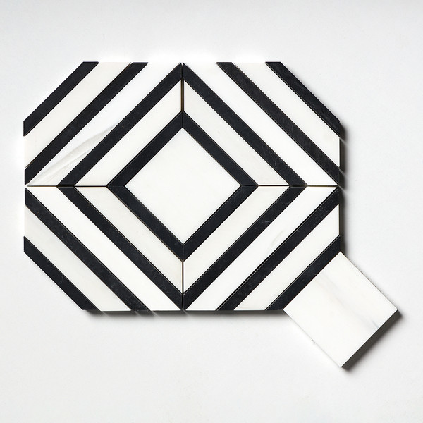 Yildiz Snow White, Black Honed Marble Waterjet Decos 8 13/16×11 Image