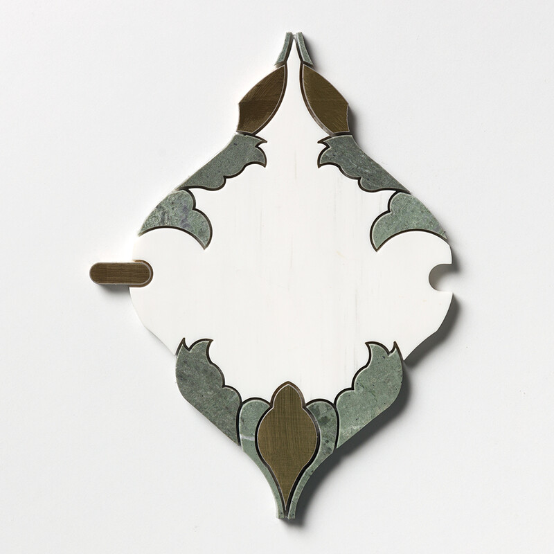 Snow White, Brass, Verde Tia Honed Floral Arabesque Marble Mosaics 8 3/16x11 13/16