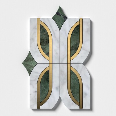 Brass, Verde Tia, White Carrara Honed Butterfly Marble Mosaic 7 13/16x11 3/4