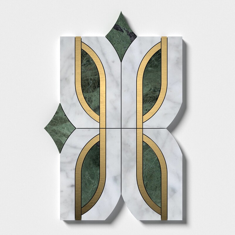 White Carrara, Brass, Verde Tia Honed Butterfly Marble Mosaics 7 13/16x11 3/4
