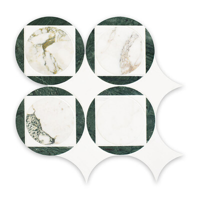 Snow White, Calacatta Green, Verde Tia Honed Aloha Marble Mosaic 10 11/16x10 11/16