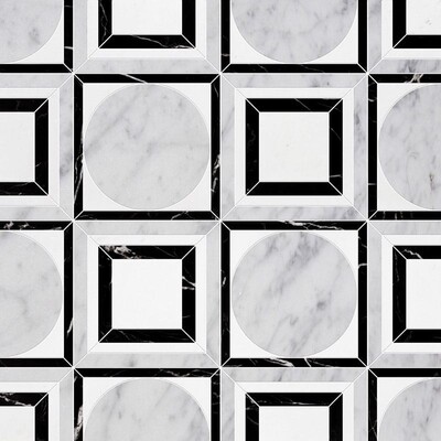 Cicero White Carrara, Black, Thassos White Multi Finish Marble Waterjet Decos 12x12
