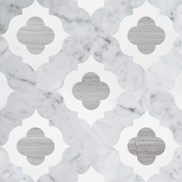 Irene White Carrara, Haisa Light, Thassos Multi Finish Marble Waterjet Decos 11 3/8x11 3/8
