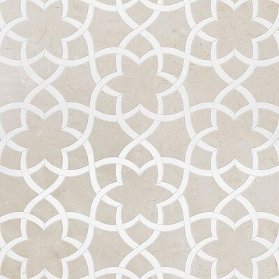 Isidore Crema Bella, Thassos White Or Aspen Whit Polished Marble Waterjet Decos 12 1/2x14 3/8