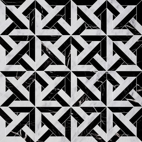 Marmara White Carrara, Black Multi Finish Marble Waterjet Decos 9 11/16×9 11/16 Image