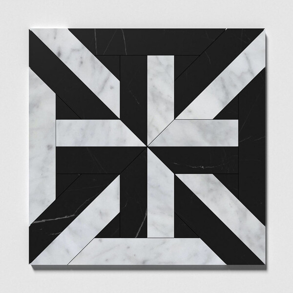 Rubicon White Carrara, Black Multi Finish Marble Waterjet Decos 17x17