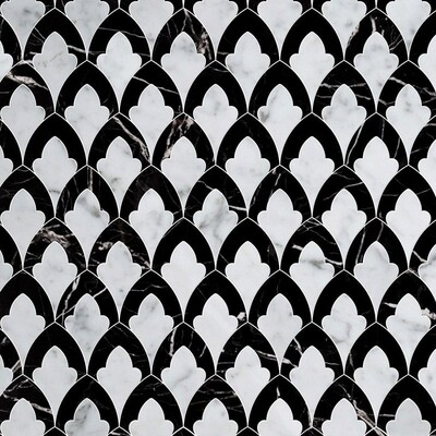 Sophia White Carrara, Black Multi Finish Marble Waterjet Decos 8 3/4x13 1/2