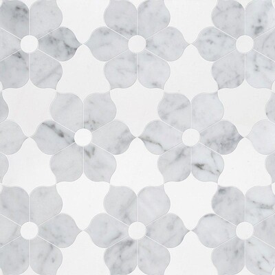 Theodora White Carrara, Thassos White Multi Finish Marble Waterjet Decos 12 1/8x14