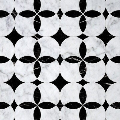 Constantine White Carrara, Black Multi Finish Marble Waterjet Decos 13 5/8x13 5/8