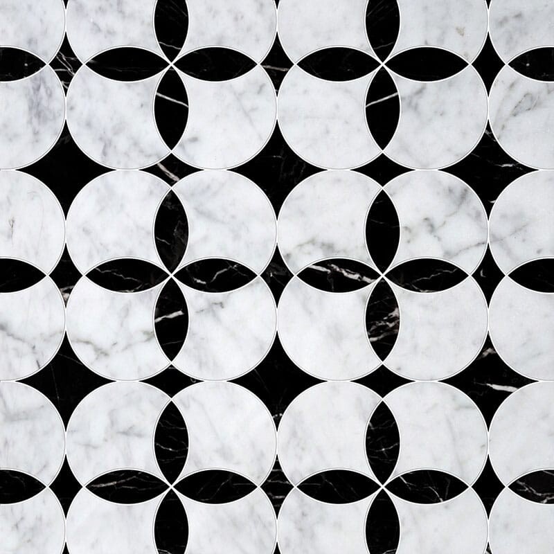 White Carrara, Black Multi Finish Constantine Marble Mosaics 13 5/8x13 5/8
