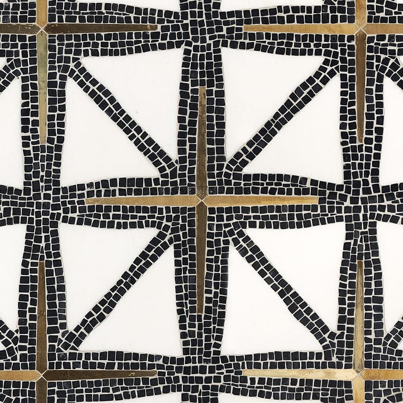 Nero Marquina, Thassos, Bronze Multi Finish Indus Marble Mosaics 16 9/16x15