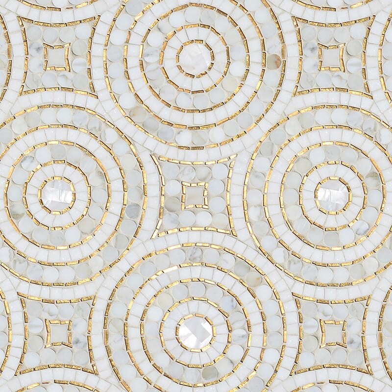 Shell, Thassos, 24k Gold, Calacatta Multi Finish Orson Marble Mosaics 13 3/16x13 3/16