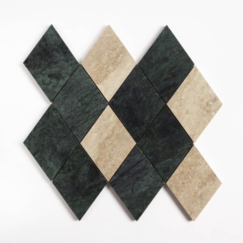 Roman Travertine, Verde Lucia Honed Almas Marble Mosaics 10x10 1/2