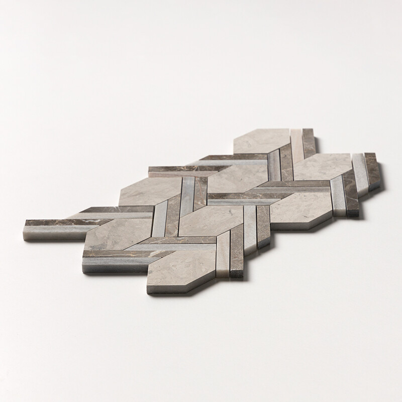 Britannia, Skyline, Silver Drop Multi Finish Braided Hexagon Limestone Mosaics 9 11/16×16 7/16 (MS01489)