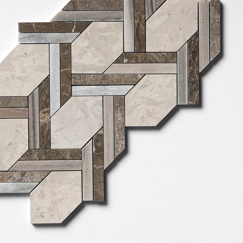 Britannia, Skyline, Silver Drop Multi Finish Braided Hexagon Limestone Mosaics 9 11/16×16 7/16 (MS01489)