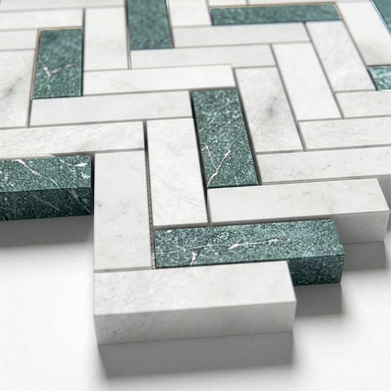 Verde Capri, Avalon Textured Herringbone 5/8×2 Marble Mosaics 12 1/8×13 3/8 (MS01660)