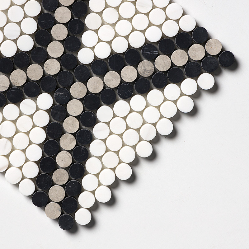Black, Britannia, Snow White Honed Penny Round Diamond 1 Limestone Mosaics 11 27/64×10 15/64 (MS01917)